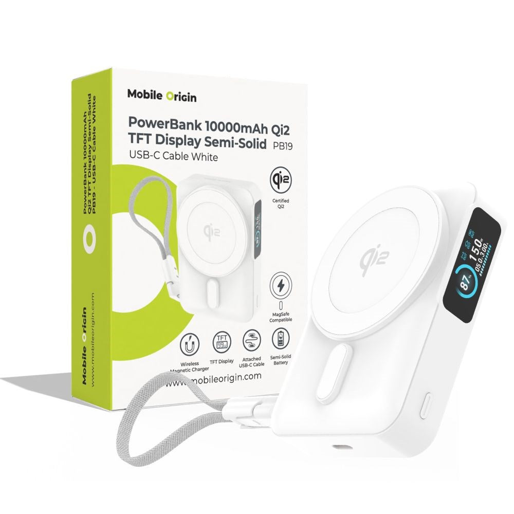Mobile Origin 10 000 mAh Powerbank med Trådlös Laddning / Inbyggd USB-C Kabel - MagSafe / Qi2 Kompatibel - Vit