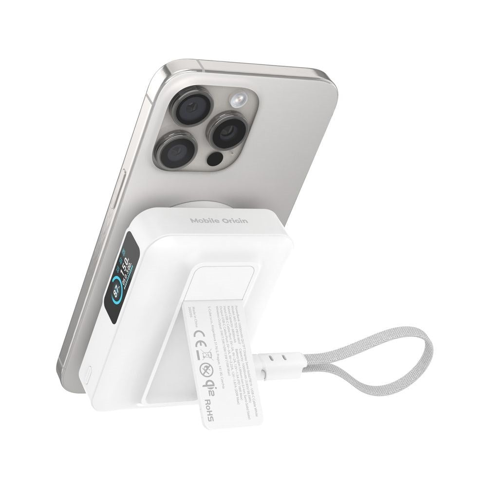 Mobile Origin 10 000 mAh Powerbank med Trådlös Laddning / Inbyggd USB-C Kabel - MagSafe / Qi2 Kompatibel - Vit