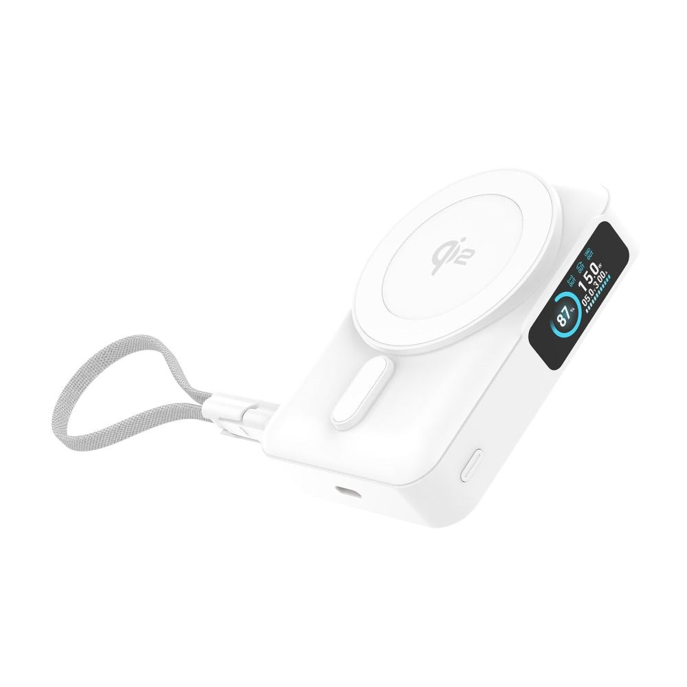 Mobile Origin 10 000 mAh Powerbank med Trådlös Laddning / Inbyggd USB-C Kabel - MagSafe / Qi2 Kompatibel - Vit