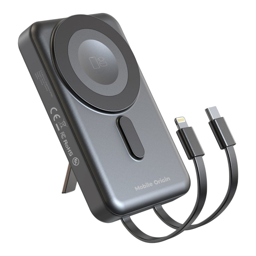 Magnetisk Powerbank 10000mAh Mobile Origin – USB-C och Lightning-kabel - Grå