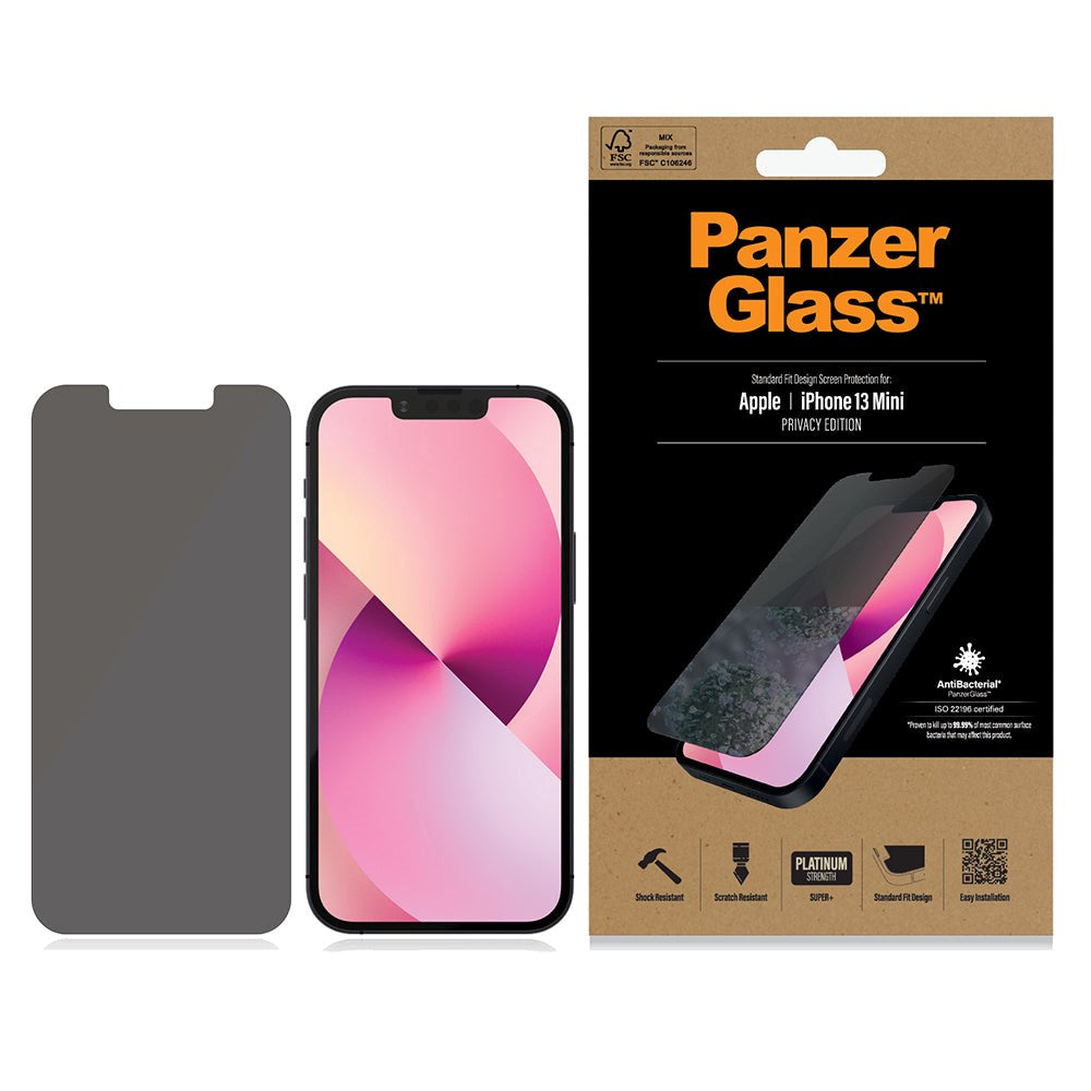 iPhone 13 Mini PanzerGlass Antibakteriellt Skärmskydd Standard Fit - Sekretessfilter - Skalvänligt - Svart