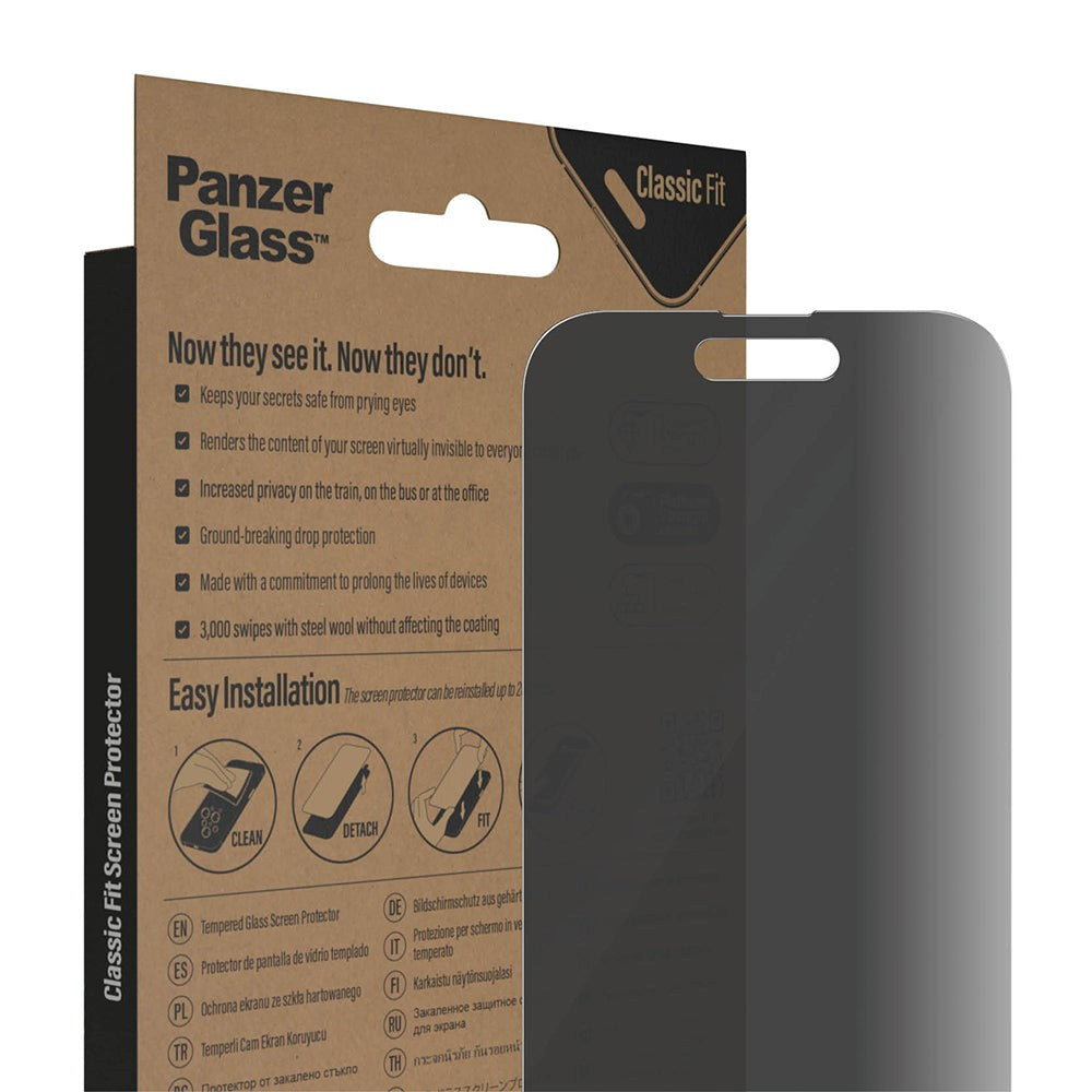 iPhone 14 Pro PanzerGlass Classic Fit Skärmskydd - Antibakteriellt - Privacy Filter - Platinum Strength - Transparent