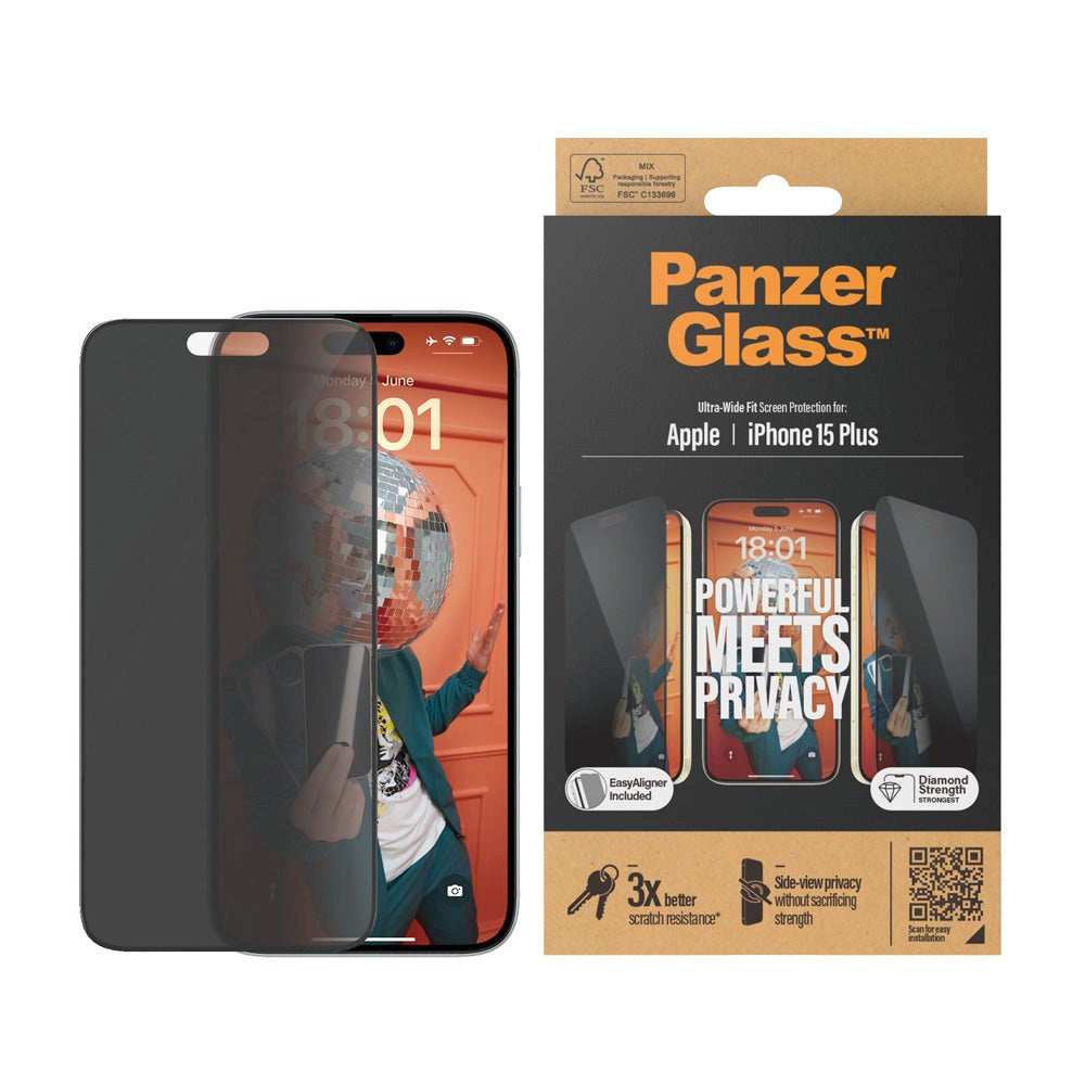 iPhone 15 Plus PanzerGlass Ultra Wide Fit Skärmskydd m. EasyAligner - Privacy - Diamond Strength - Genomskinlig / Svart Kant