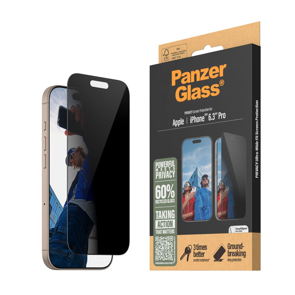 iPhone 16 Pro PanzerGlass Ultra Wide Fit Skärmskydd m. EasyAligner - Privacy - Diamond Strength - Genomskinlig / Svart Kant