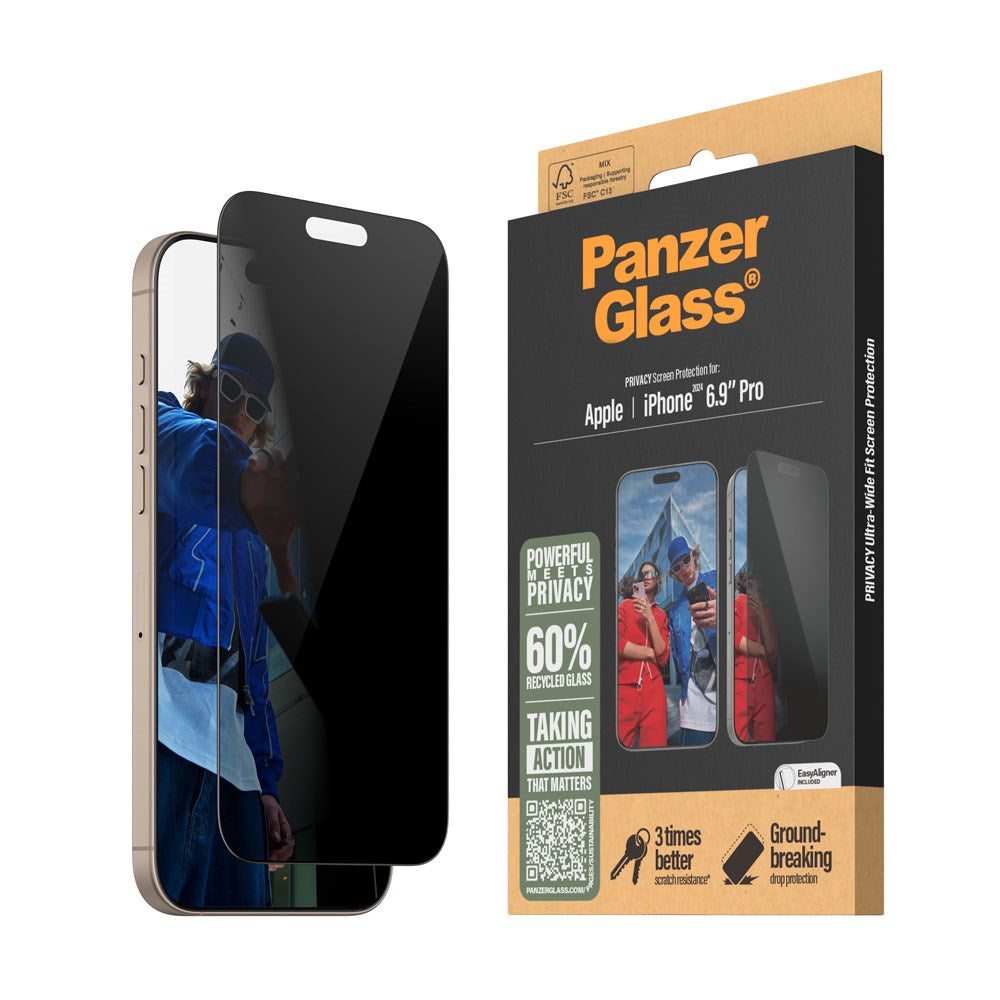 iPhone 16 Pro Max PanzerGlass Ultra Wide Fit Skärmskydd m. EasyAligner - Privacy - Diamond Strength - Genomskinlig / Svart Kant