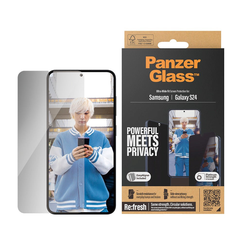 Samsung Galaxy S24 PanzerGlass Ultra Wide Fit Re:fresh Skärmskydd m. EasyAligner - Privacy - Platinum Strength - Genomskinlig / Svart Kant