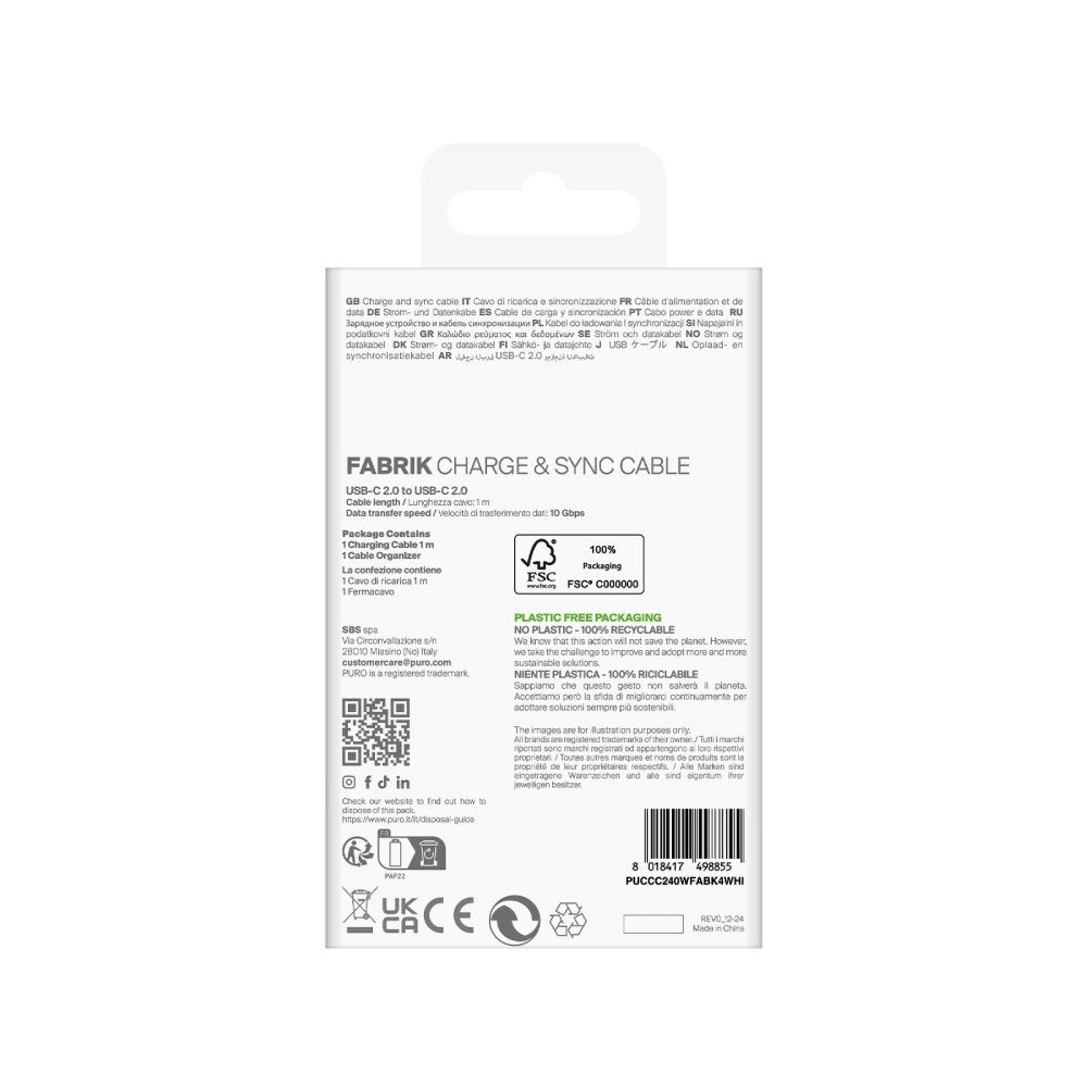 Puro Fabrik USB-C till USB-C 240W & 10Gbps-Kabel - 1m - Vit