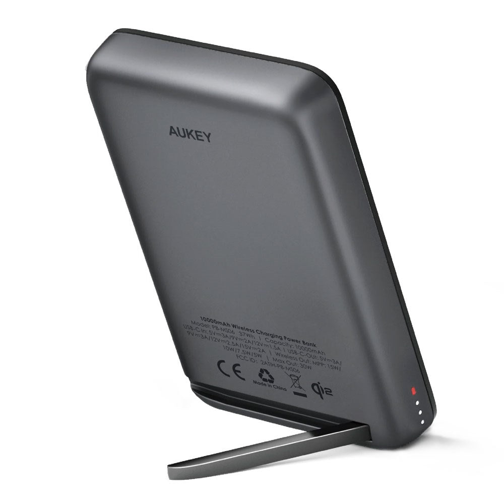 Aukey MagFusion 10 000 mAh Powerbank med Trådlös Laddning & Stativfunktion - MagSafe / Qi2 Kompatibel - Grå