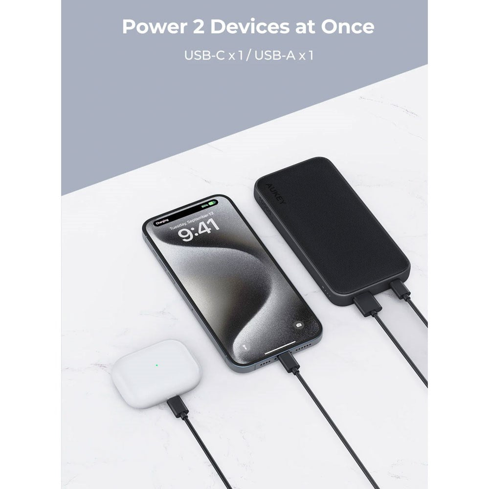Aukey Sprint 10 000mAh Powerbank med 15W & 1 x USB-C & 1 x USB-A - Mörkgrå