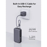 Aukey Spark Sling Powerbank med Inbyggd USB-C Kabel & Display - 10 000 mAh - 30W - 1 x USB-C - 1 x USB-A - Grå