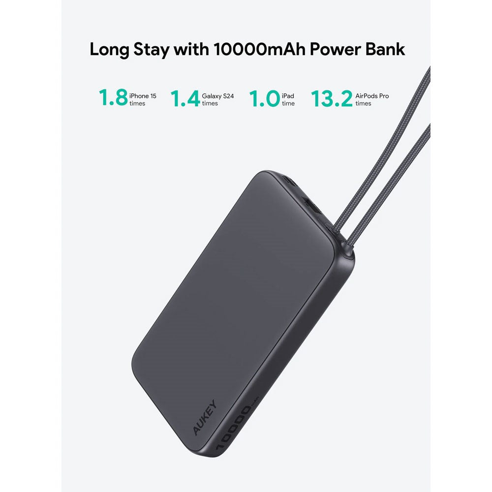 Aukey Spark Sling Powerbank med Inbyggd USB-C Kabel - 10 000 mAh - 20W - 1 x USB-C - 1 x USB-A - Grå