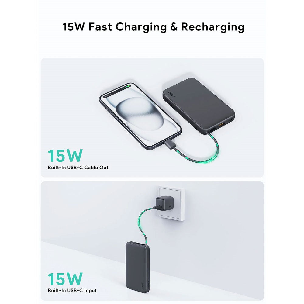 Aukey Spark Sling Powerbank med Inbyggd USB-C Kabel - 10 000 mAh - 20W - 1 x USB-C - 1 x USB-A - Grå