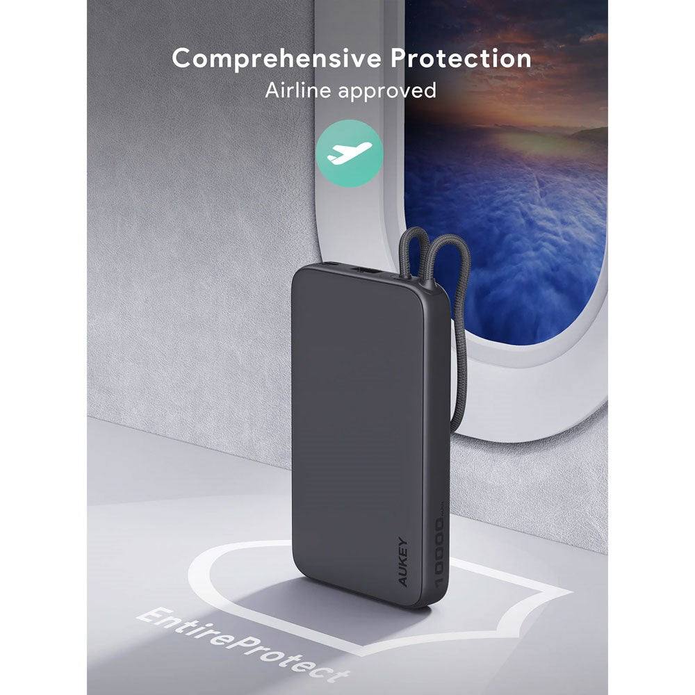 Aukey Spark Sling Powerbank med Inbyggd USB-C Kabel - 10 000 mAh - 20W - 1 x USB-C - 1 x USB-A - Grå