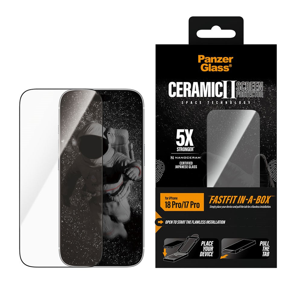 iPhone 18 Pro / 17 Pro PanzerGlass Ceramic Ultra-Wide Fit Skärmskyddsglas – FastFit In-A-Box – Genomskinlig