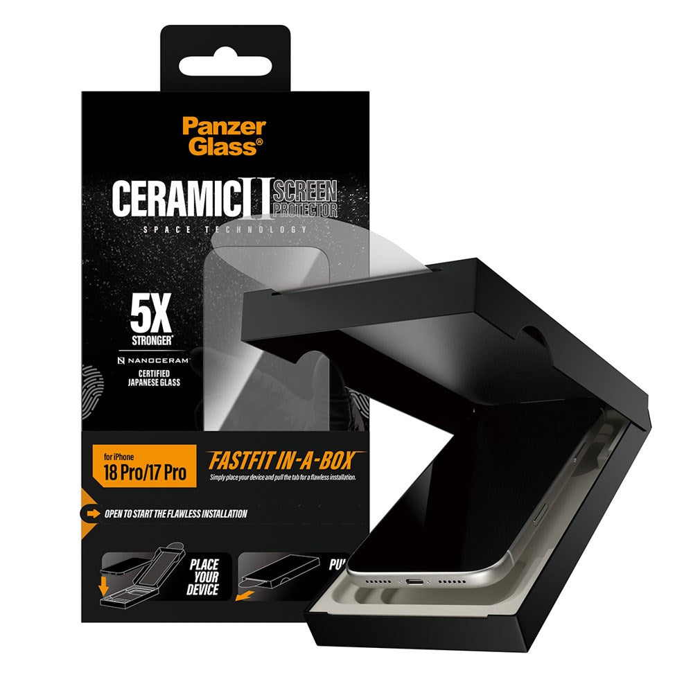 iPhone 18 Pro / 17 Pro PanzerGlass Ceramic Ultra-Wide Fit Skärmskyddsglas – FastFit In-A-Box – Genomskinlig