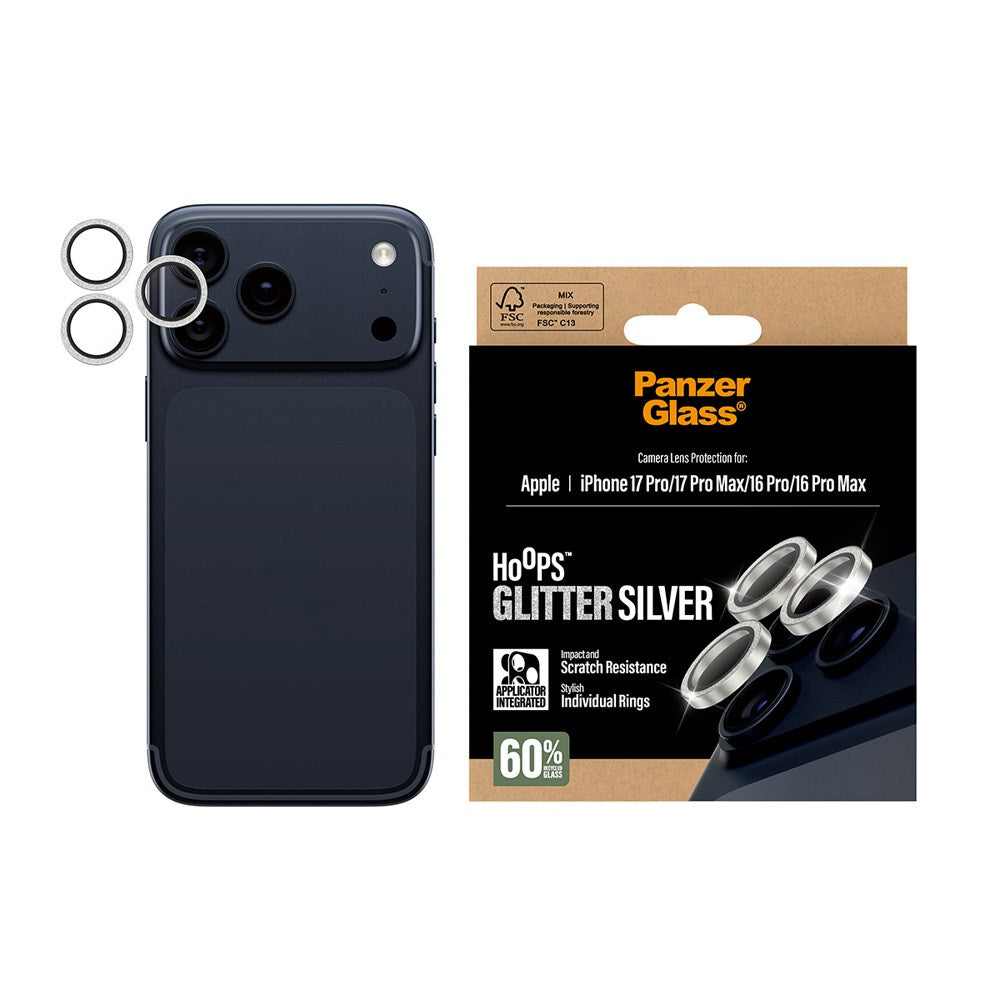 PanzerGlass iPhone 17 Pro / 17 Pro Max / 16 Pro / 16 Pro Max Hoops Kameralinsskydd med Installationsram - Glittrigt Silver
