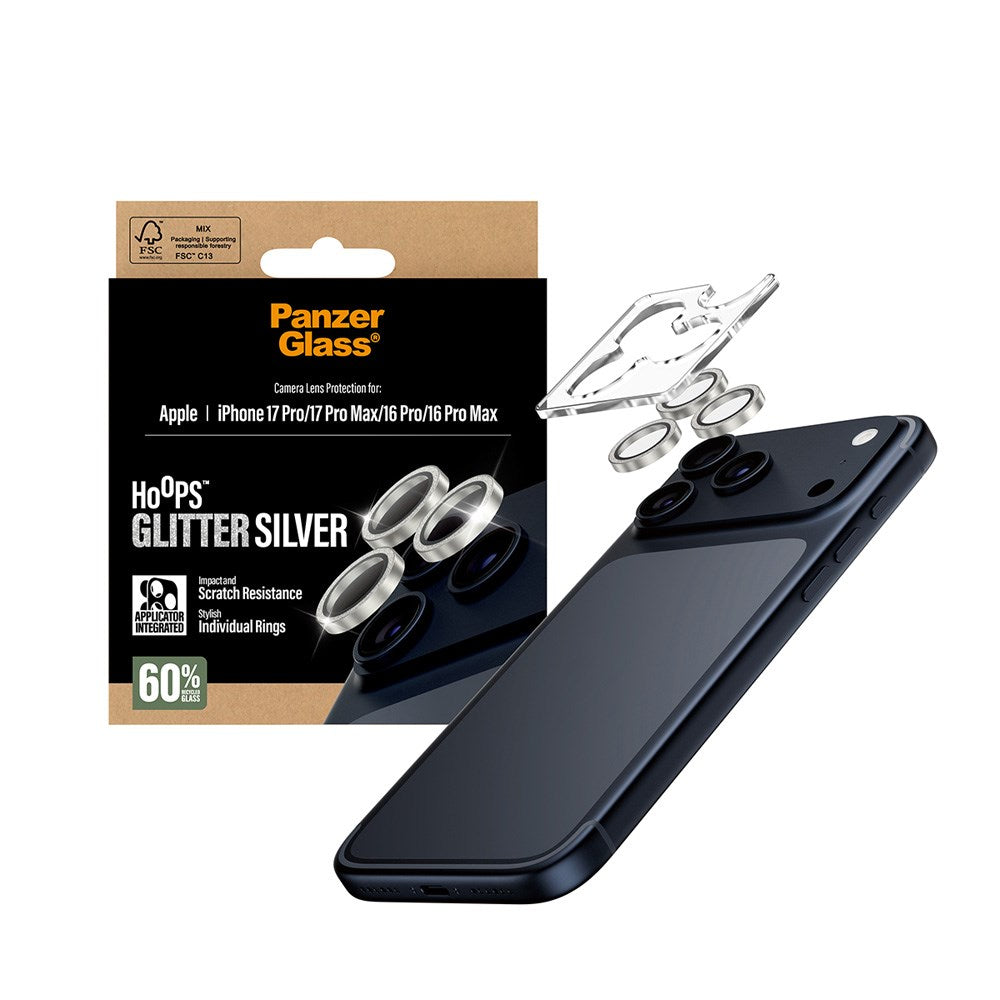 PanzerGlass iPhone 17 Pro / 17 Pro Max / 16 Pro / 16 Pro Max Hoops Kameralinsskydd med Installationsram - Glittrigt Silver