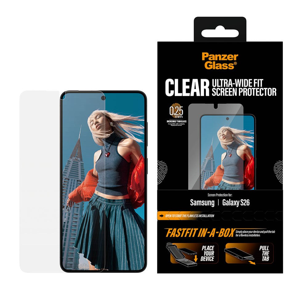 Samsung Galaxy S26 PanzerGlass Skärmskyddsglas m. FastFit In-A-Box - Ultra Wide Fit - Genomskinlig