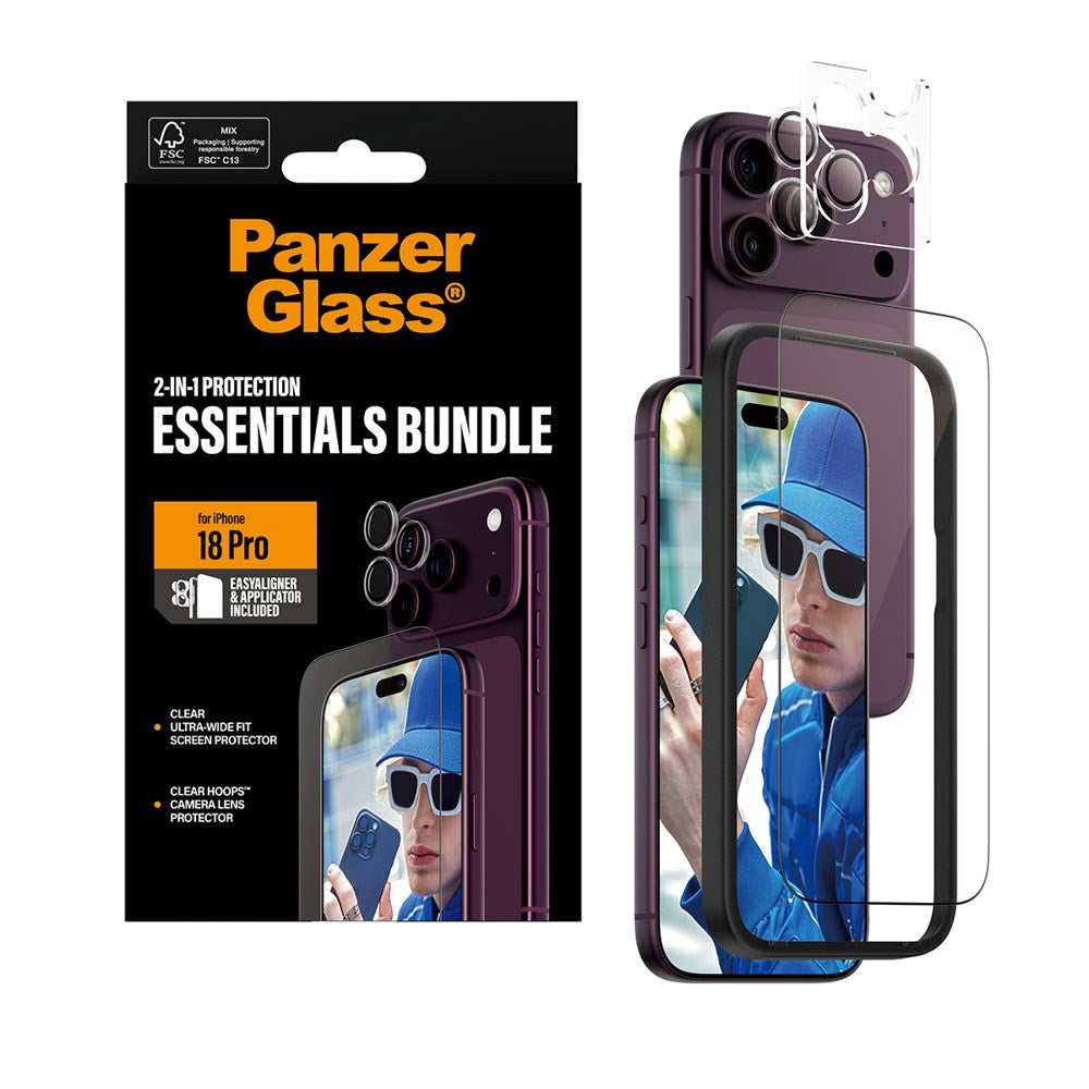 iPhone 18 Pro PanzerGlass Essentials 2-in-1 Bundle med EasyAligner / Skärmskydd (UWF) / Hoops Kameraskydd - Genomskinlig