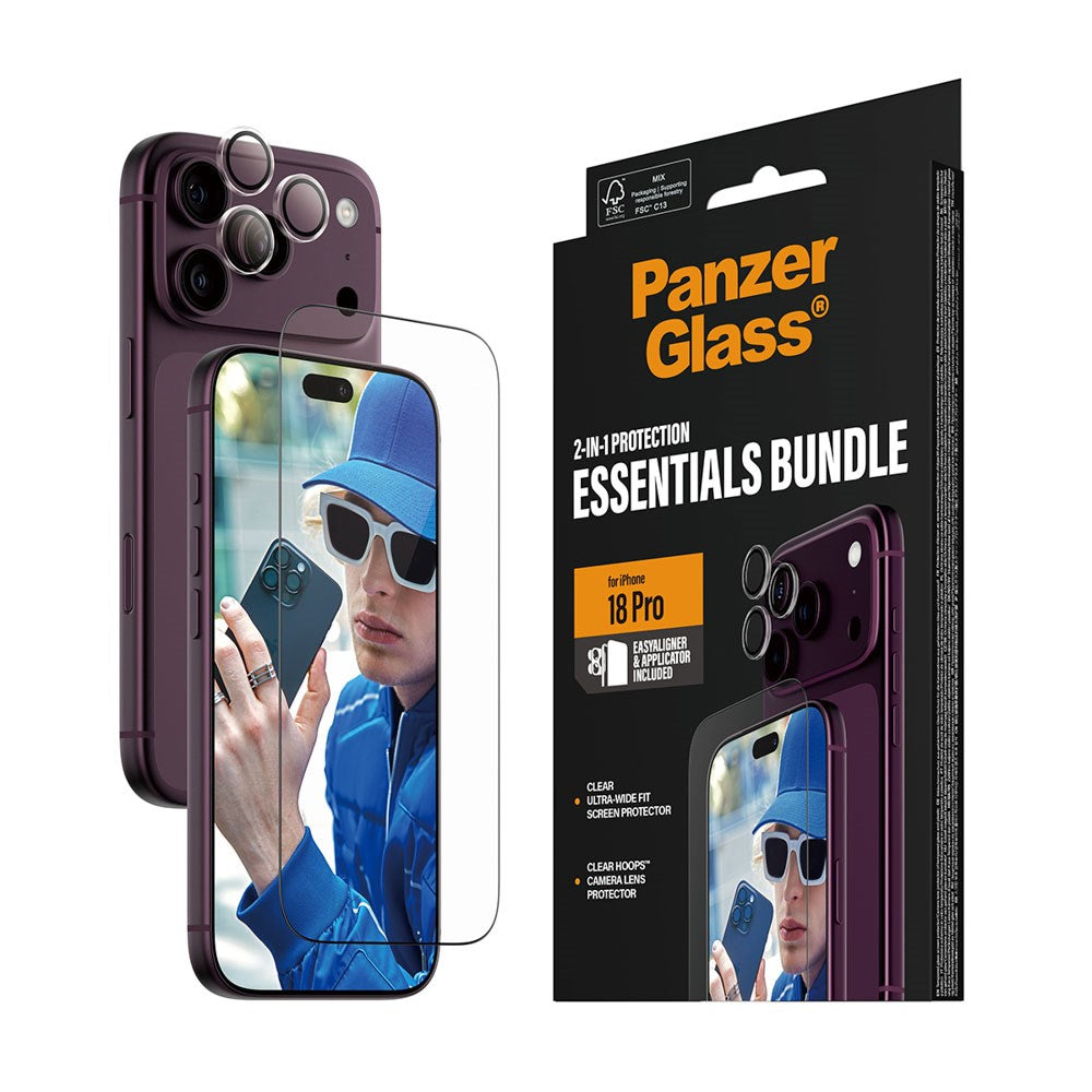 iPhone 18 Pro PanzerGlass Essentials 2-in-1 Bundle med EasyAligner / Skärmskydd (UWF) / Hoops Kameraskydd - Genomskinlig