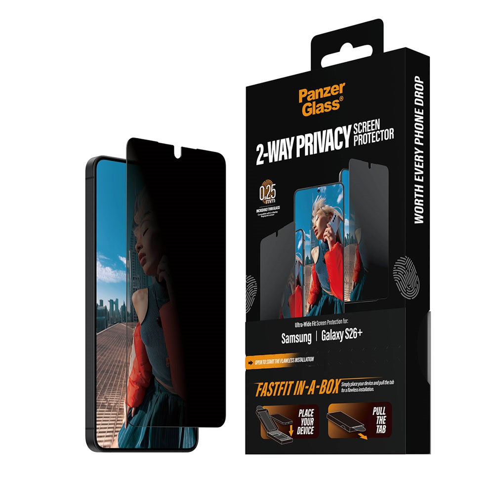 Samsung Galaxy S26+ (Plus) PanzerGlass 2-Way Privacy Skärmskydd med FastFit In-A-Box - Genomskinlig