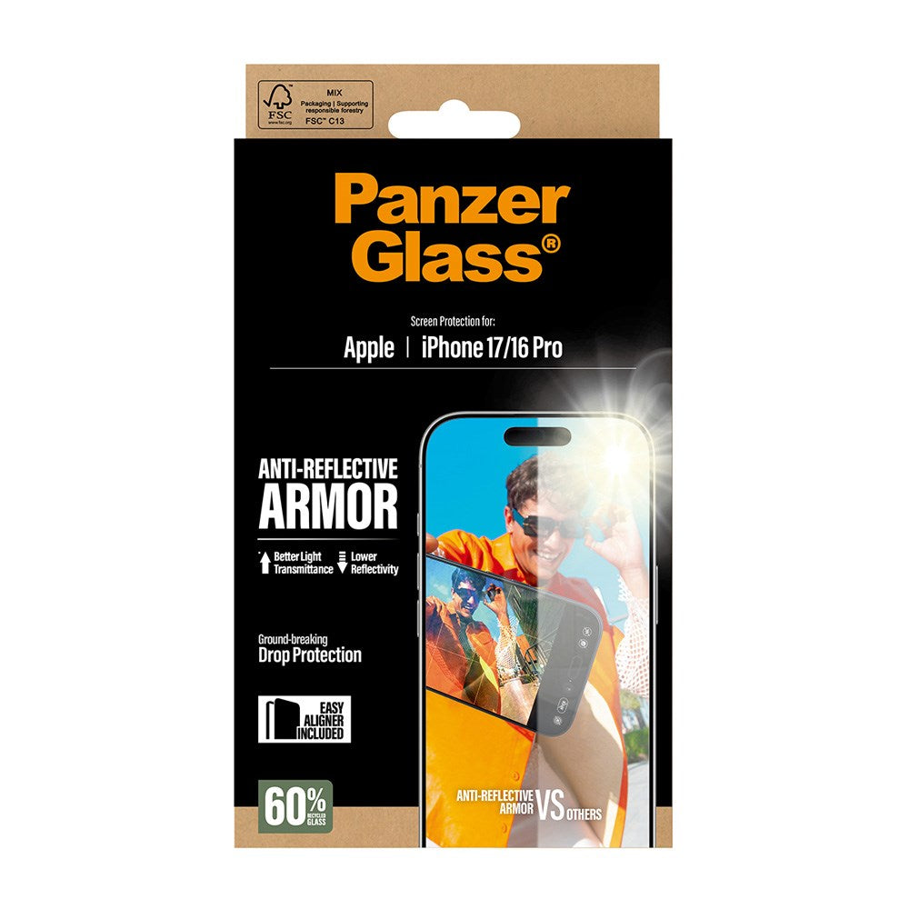 PanzerGlass iPhone 17 / 16 Pro Ultra Wide Fit Skärmskydd med EasyAligner - Anti-Reflective - Genomskinlig