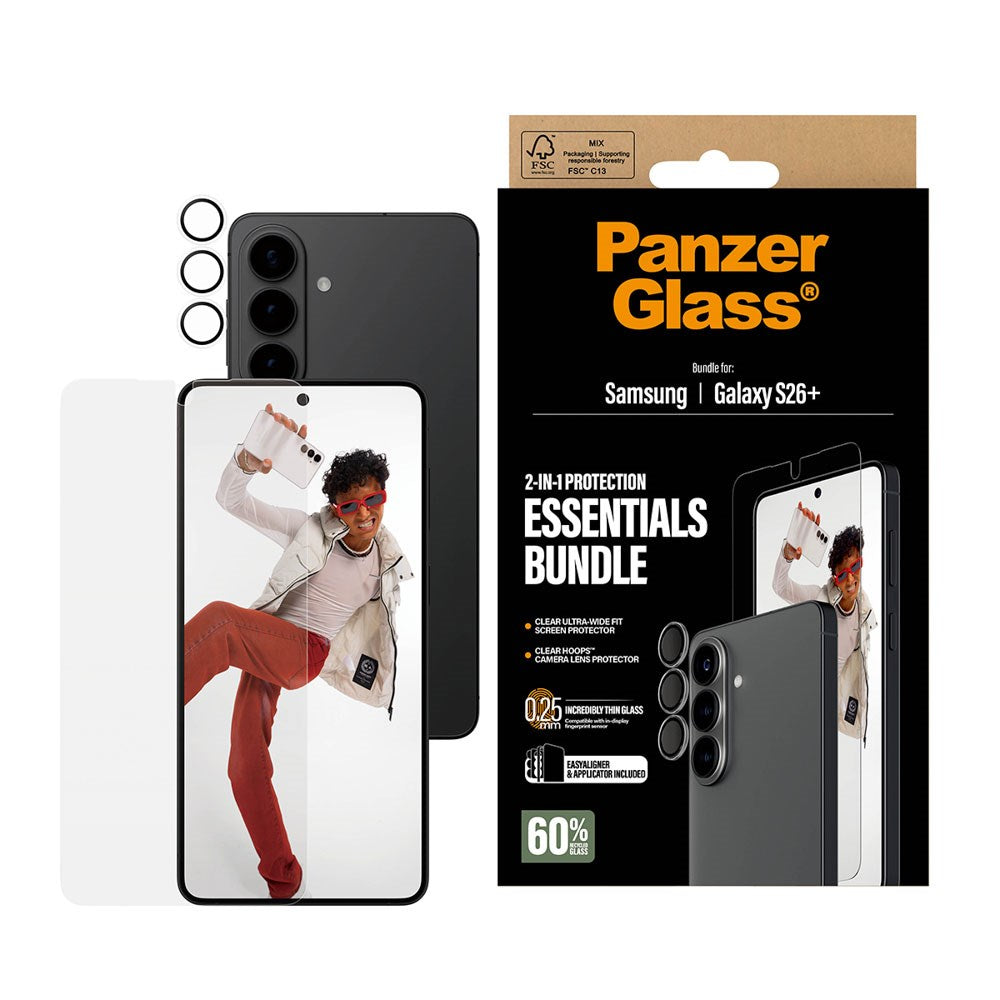 Samsung Galaxy S26+ (Plus) PanzerGlass Hoops 2-in-1 Bundle med EasyAligner / Skärmskydd (UWF) / Hoops Kameraskydd - Genomskinlig