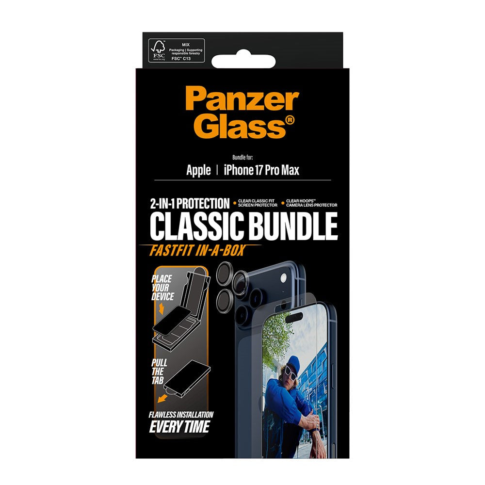PanzerGlass iPhone 17 Pro Max 2-in-1 Classic Bundle - Skärmskydd + Kameralinsskydd - Genomskinlig