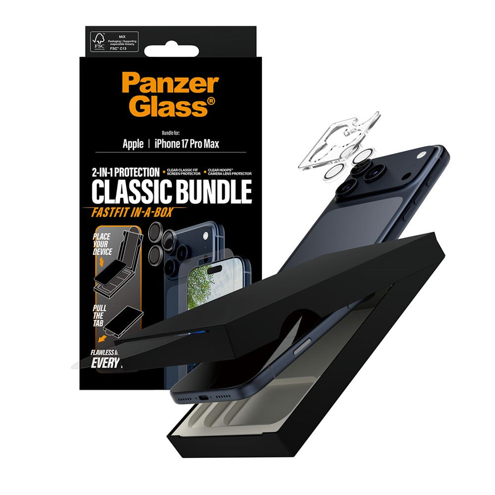 PanzerGlass iPhone 17 Pro Max 2-in-1 Classic Bundle - Skärmskydd + Kameralinsskydd - Genomskinlig