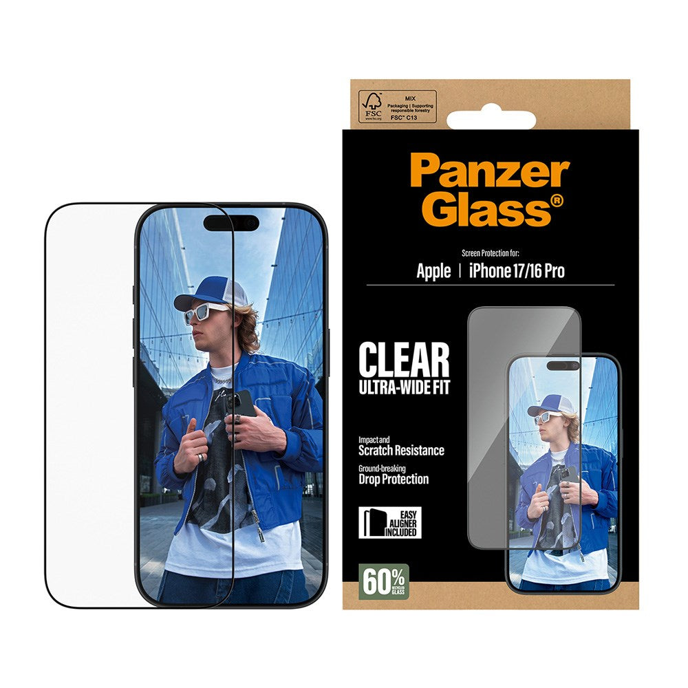 PanzerGlass iPhone 17 / 16 Pro Skärmskyddsglas med EasyAligner - Ultra Wide Fit - Genomskinlig
