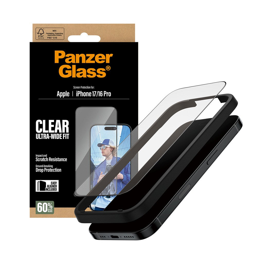 PanzerGlass iPhone 17 / 16 Pro Skärmskyddsglas med EasyAligner - Ultra Wide Fit - Genomskinlig