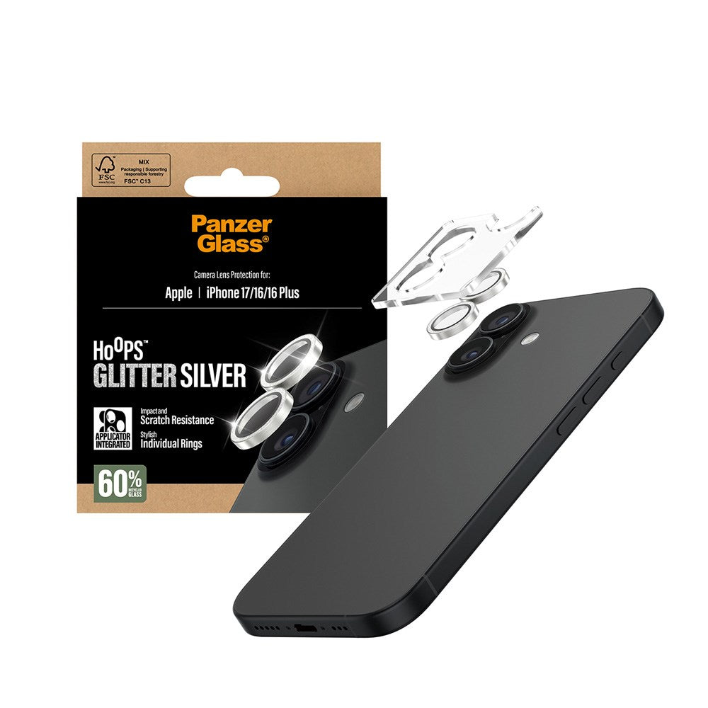 PanzerGlass iPhone 17 / 16 / 16 Plus Hoops Kameralinsskydd med Installationsram - Glittrigt Silver