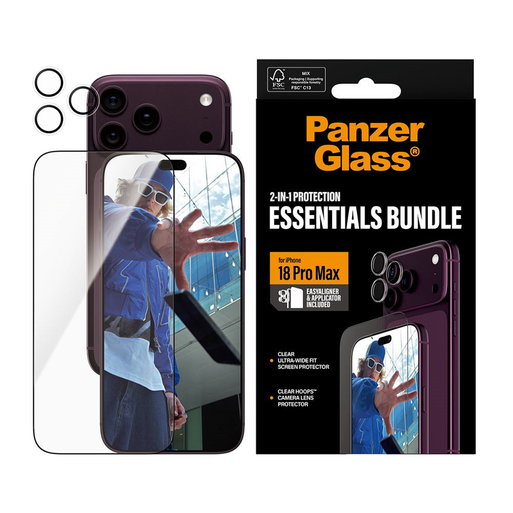 iPhone 18 Pro Max PanzerGlass Essentials 2-in-1 Bundle med EasyAligner / Skärmskydd (UWF) / Hoops Kameraskydd - Genomskinlig