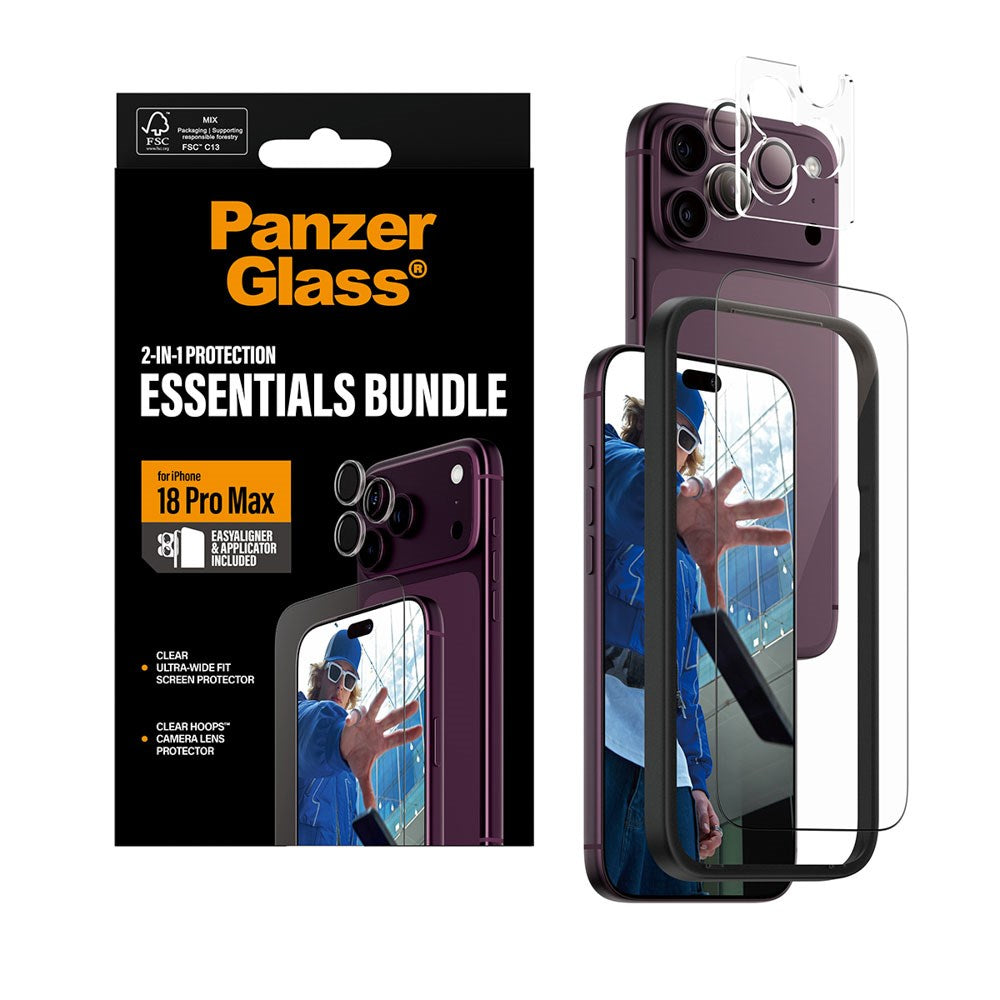 iPhone 18 Pro Max PanzerGlass Essentials 2-in-1 Bundle med EasyAligner / Skärmskydd (UWF) / Hoops Kameraskydd - Genomskinlig