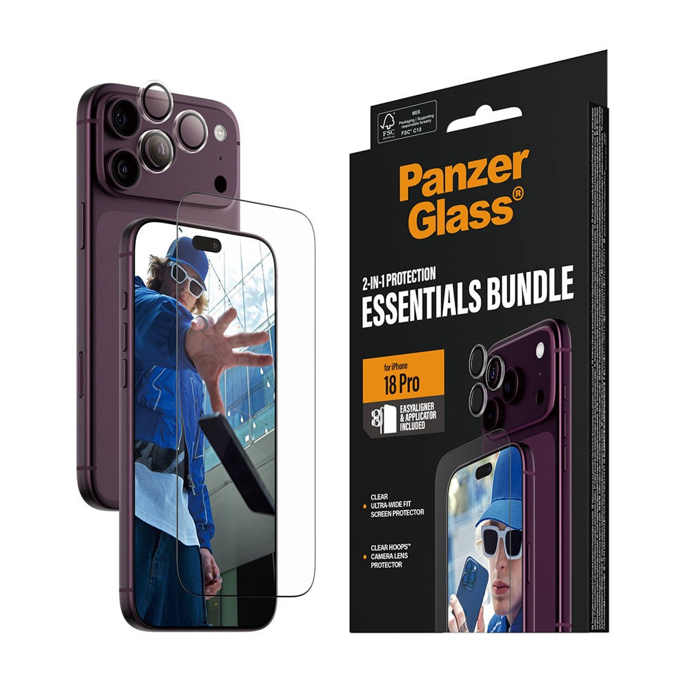 iPhone 18 Pro Max PanzerGlass Essentials 2-in-1 Bundle med EasyAligner / Skärmskydd (UWF) / Hoops Kameraskydd - Genomskinlig