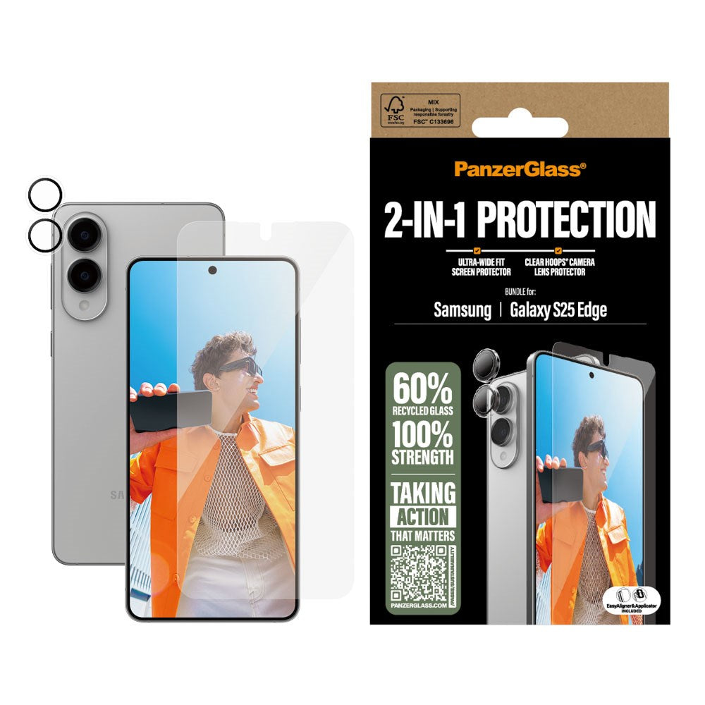 Samsung Galaxy S25 Edge PanzerGlass 2-i-1 Bundle m. EasyAligner - Skärmskydd (UWF) / Kameraskydd - Genomskinlig / Svart