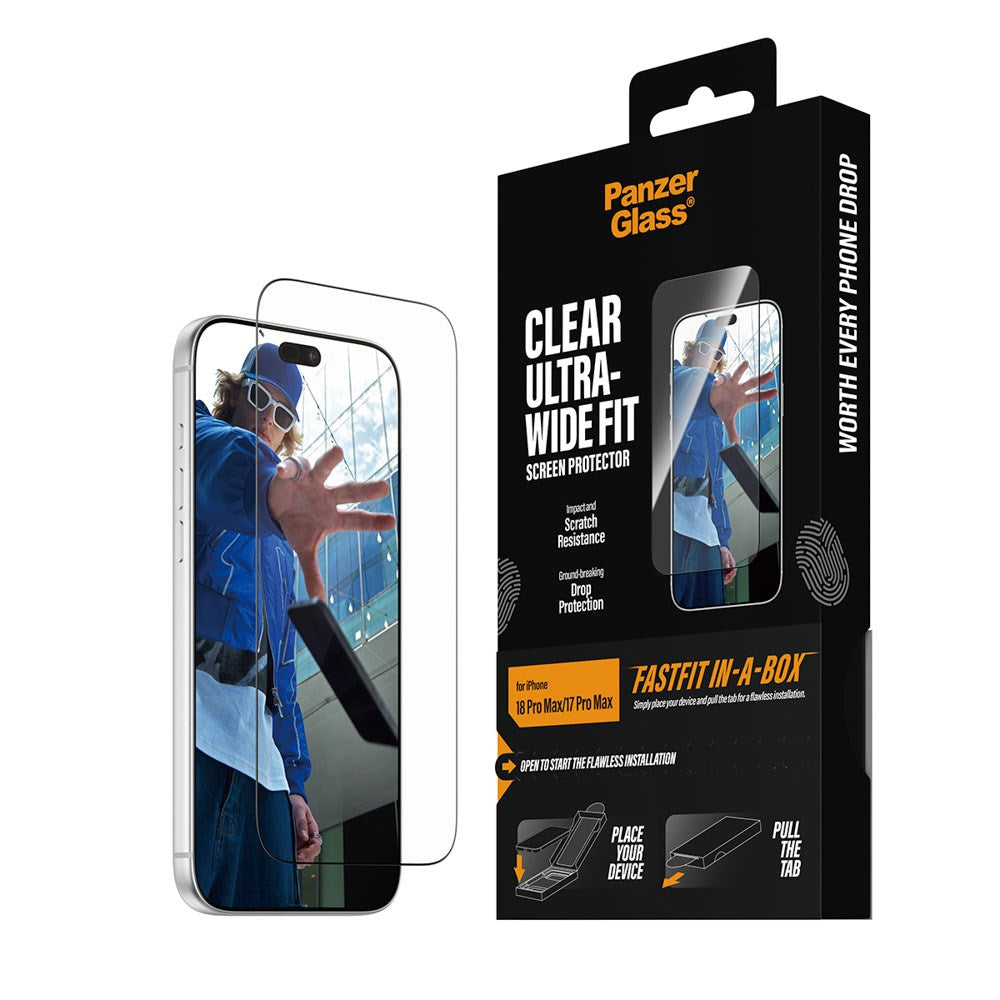 iPhone 18 Pro Max  / 17 Pro Max PanzerGlass Skärmskyddsglas m. FastFit In-A-Box - Ultra Wide Fit - Genomskinlig