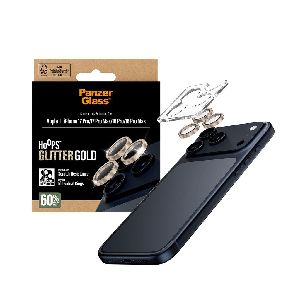 PanzerGlass iPhone 17 Pro / 17 Pro Max / 16 Pro / 16 Pro Max Hoops Kameralinsskydd med Installationsram - Glittrigt Guld