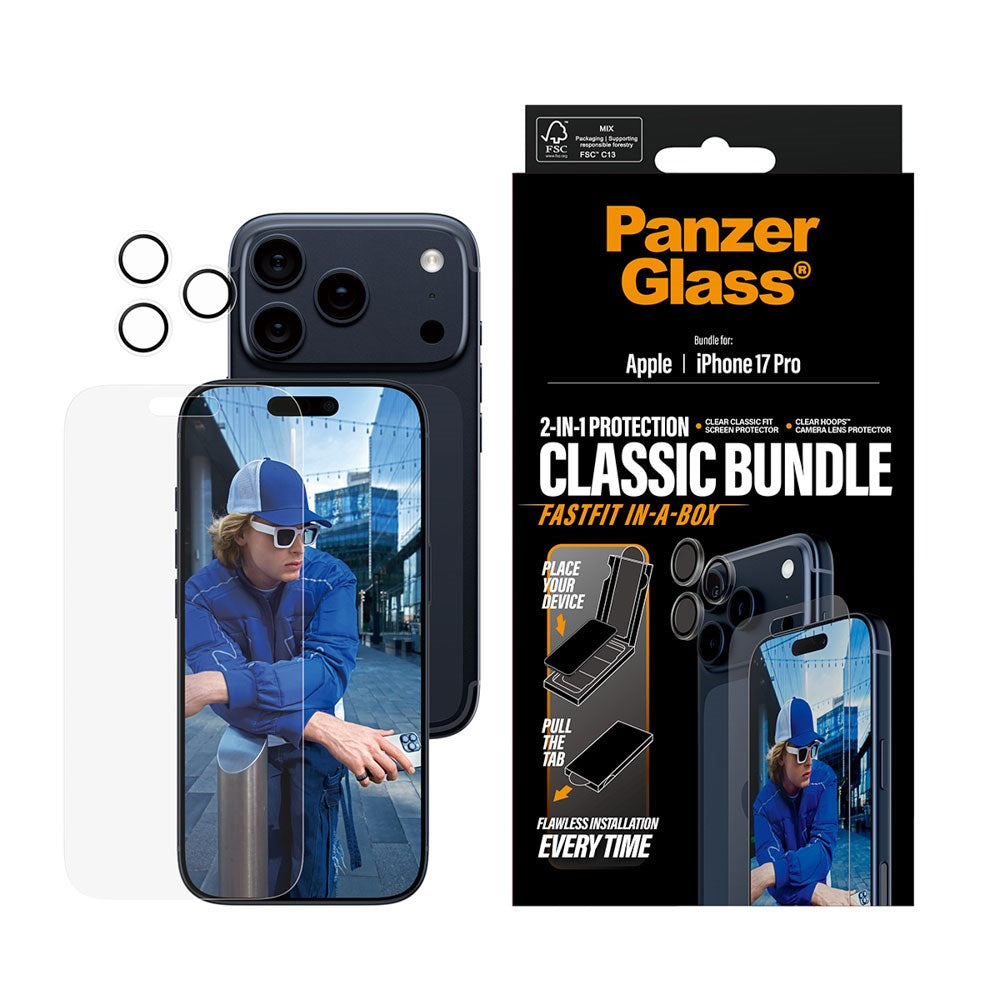 PanzerGlass iPhone 17 Pro 2-in-1 Classic Bundle - Skärmskydd + Kameralinsskydd - Genomskinlig
