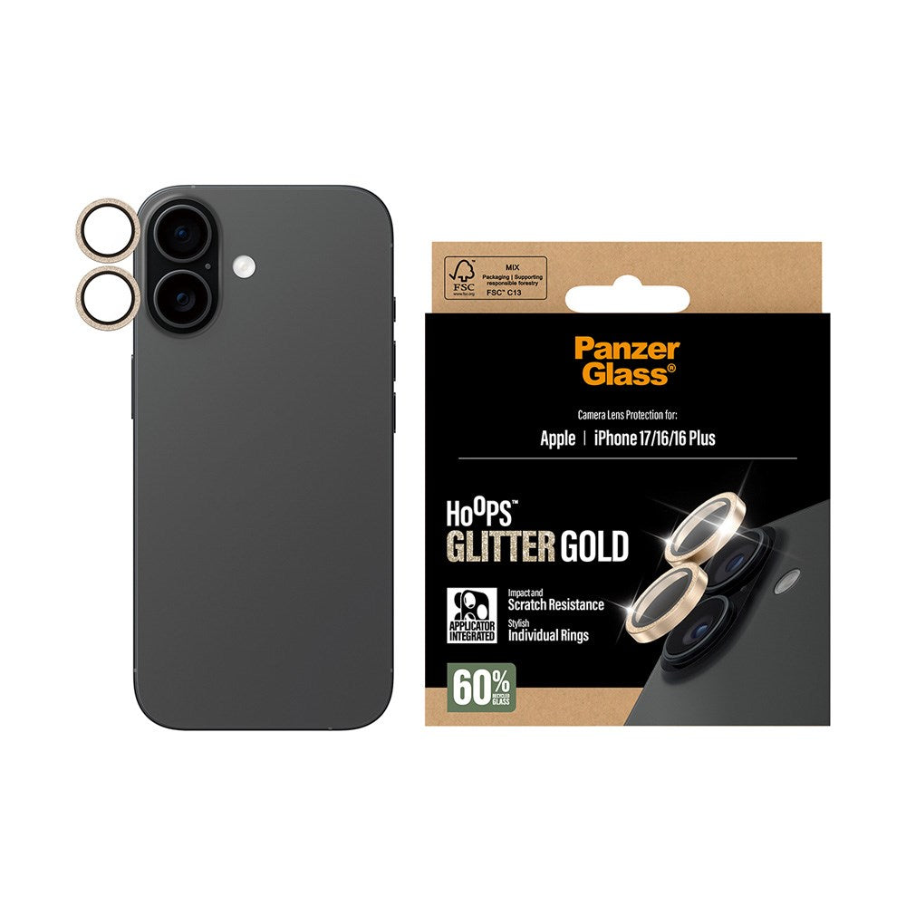 PanzerGlass iPhone 17 / 16 / 16 Plus Hoops Kameralinsskydd med Installationsram - Glitter Guld