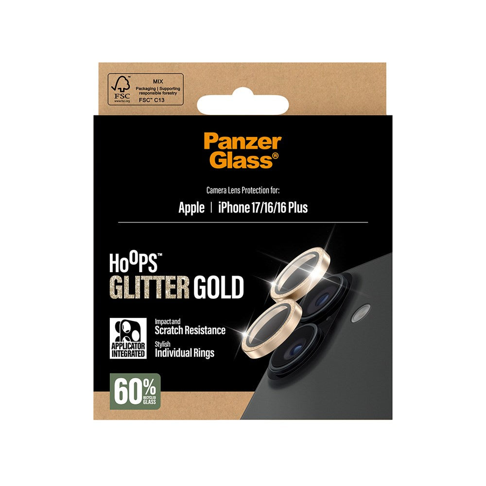 PanzerGlass iPhone 17 / 16 / 16 Plus Hoops Kameralinsskydd med Installationsram - Glitter Guld