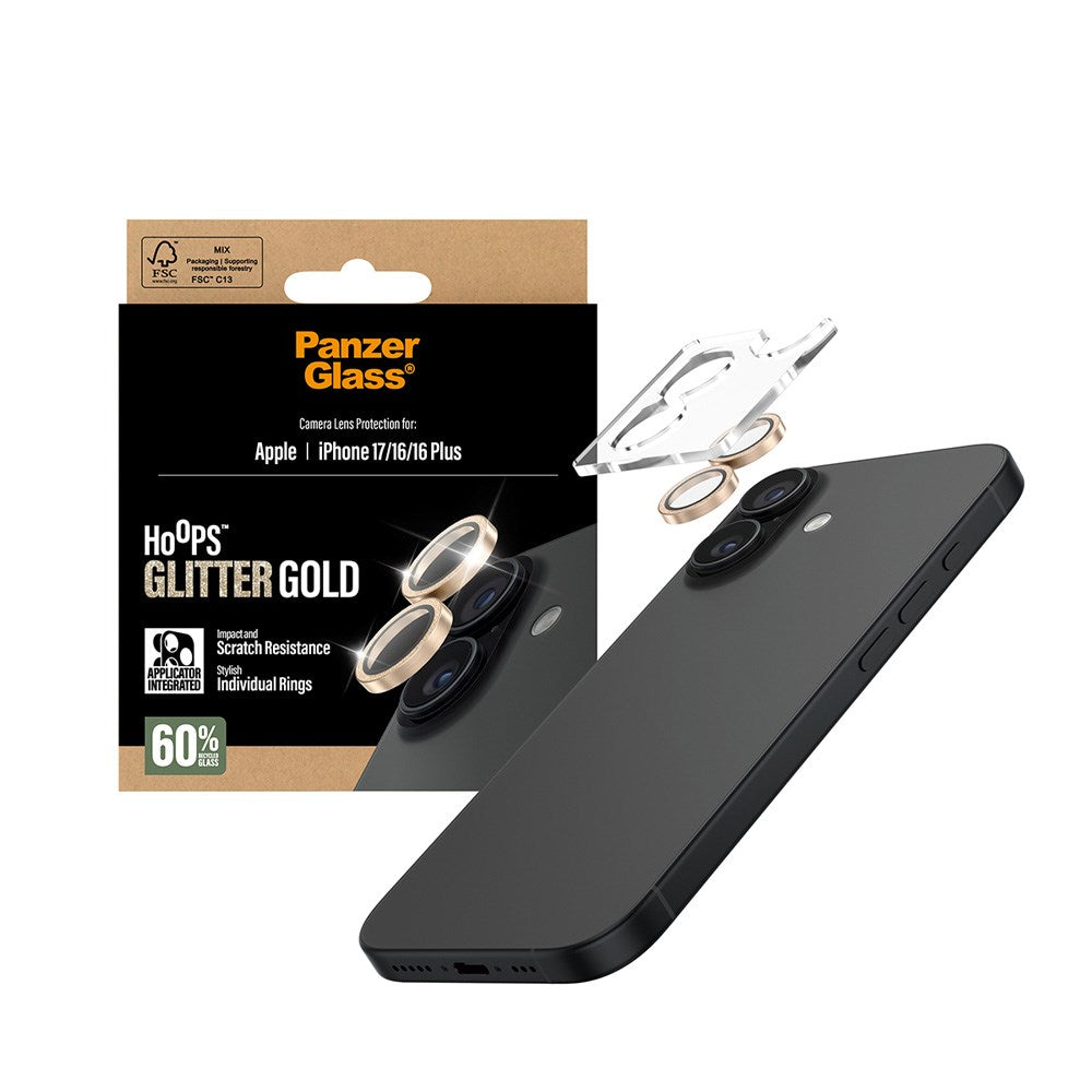 PanzerGlass iPhone 17 / 16 / 16 Plus Hoops Kameralinsskydd med Installationsram - Glitter Guld