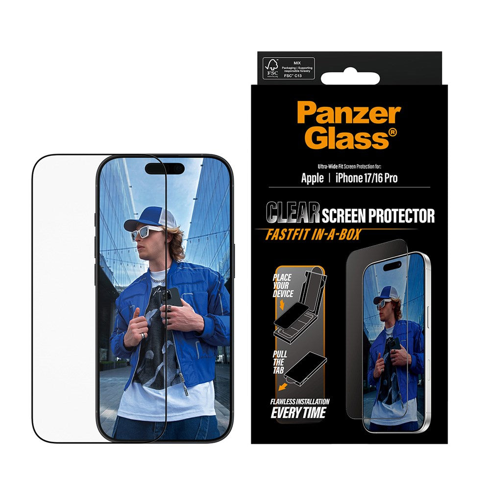 PanzerGlass iPhone 17 / 16 Pro Skärmskyddsglas med FastFit In-A-Box - Ultra Wide Fit - Genomskinlig