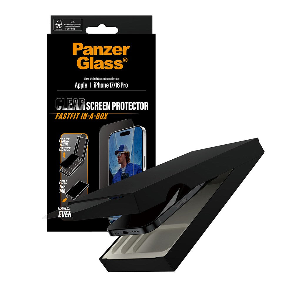 PanzerGlass iPhone 17 / 16 Pro Skärmskyddsglas med FastFit In-A-Box - Ultra Wide Fit - Genomskinlig