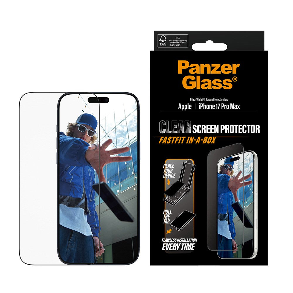 PanzerGlass iPhone 17 Pro Max Skärmskyddsglas med FastFit In-A-Box - Ultra Wide Fit - Genomskinlig