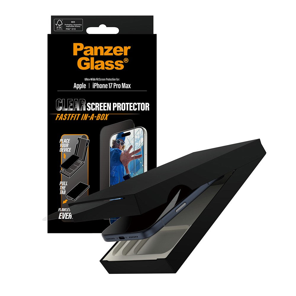 PanzerGlass iPhone 17 Pro Max Skärmskyddsglas med FastFit In-A-Box - Ultra Wide Fit - Genomskinlig