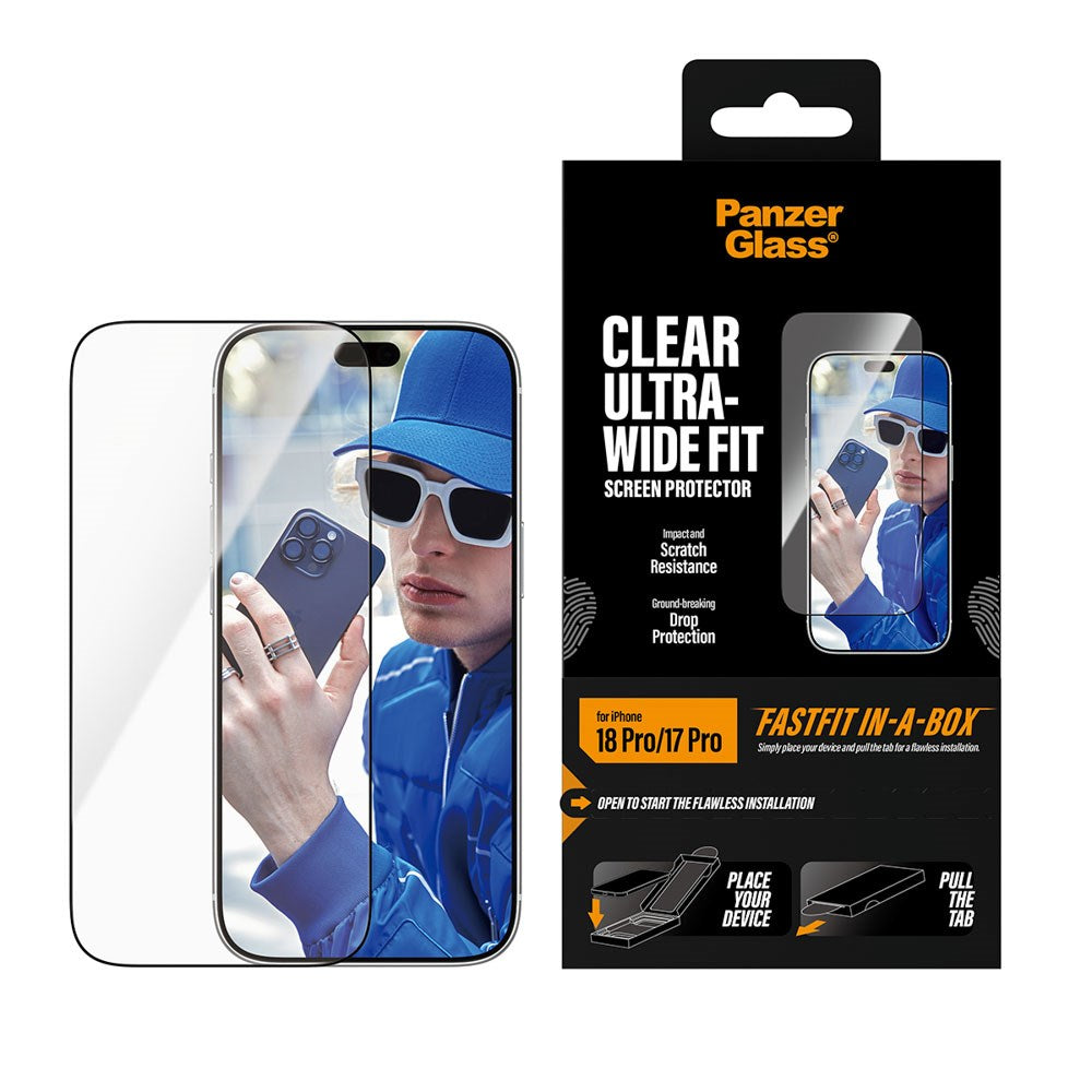 iPhone 18 Pro / 17 Pro PanzerGlass Skärmskyddsglas m. FastFit In-A-Box - Ultra Wide Fit - Genomskinlig
