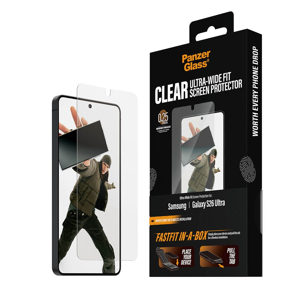 Samsung Galaxy S26 Ultra PanzerGlass Skärmskyddsglas m. FastFit In-A-Box - Ultra Wide Fit - Genomskinlig