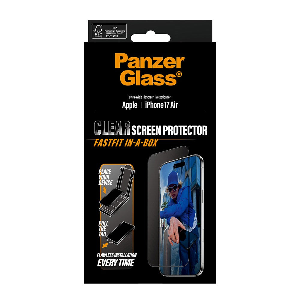 PanzerGlass iPhone Air Skärmskyddsglas med FastFit In-A-Box - Ultra Wide Fit - Genomskinlig