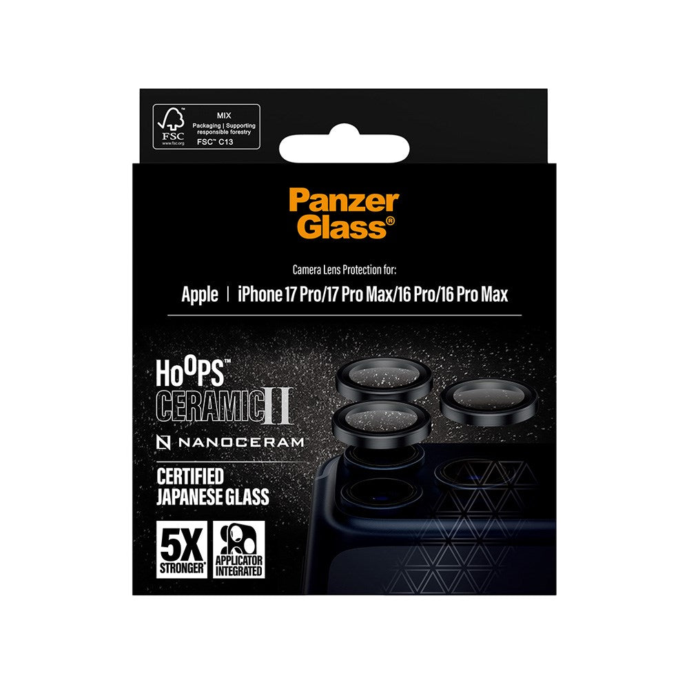 PanzerGlass iPhone 17 Pro / 17 Pro Max / 16 Pro / 16 Pro Max Ceramic Hoops Kameralinsskydd med Installationsram - Svart